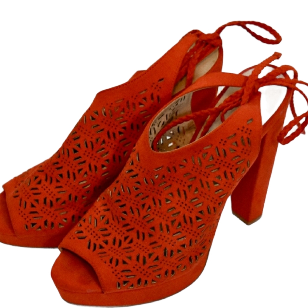 Women's Aldo Orange/Red Suede Cut-out Peep Toe Chunky Heels 7.5